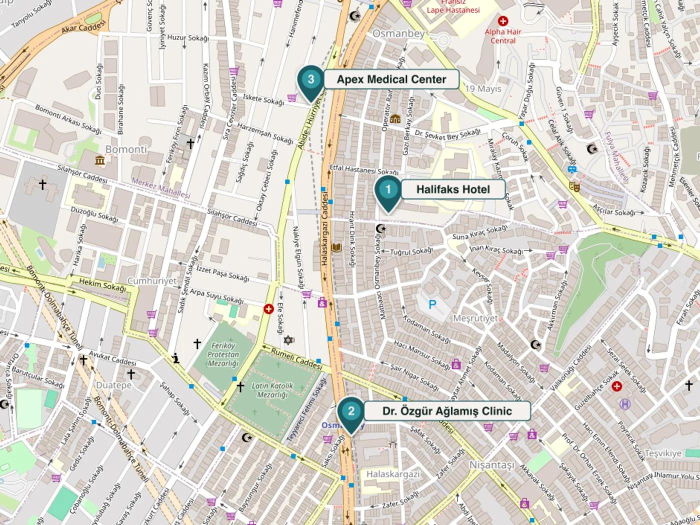 Carte de Şişli · Nişantaşı montrant les trois sites partenaires d'AIRG — 1 Halifaks Hotel, 2 Clinique du Dr Özgür Ağlamış, 3 Apex Medical Center