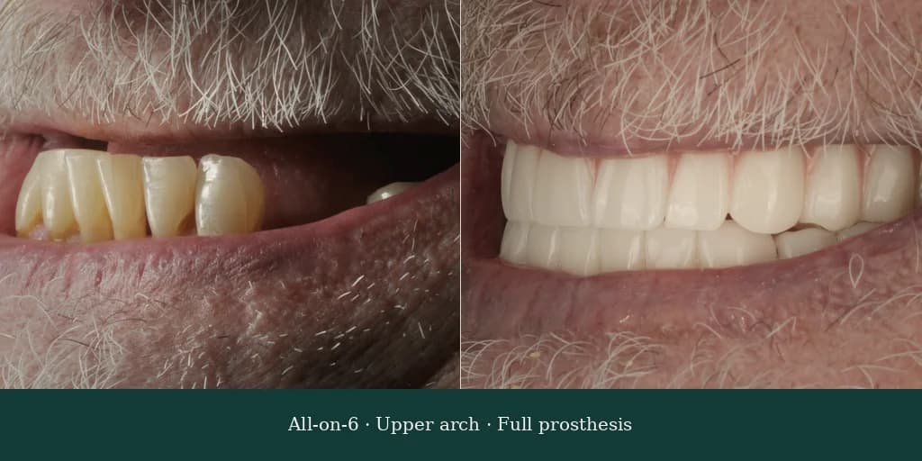 All-on-6 upper arch — full-arch implant rehabilitation result