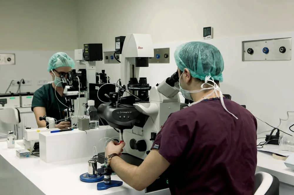 Embryologists at ICSI micromanipulation stations in the Centrum Clinic laboratory.