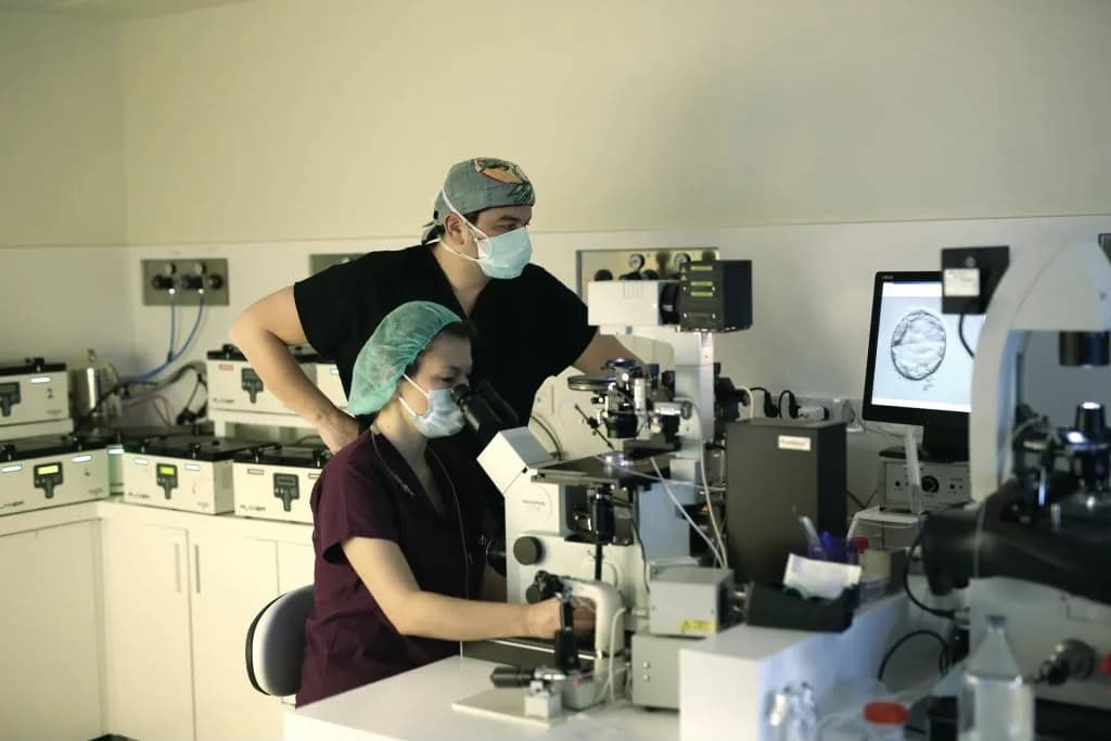 A micromanipulation station with a blastocyst shown on the monitor.