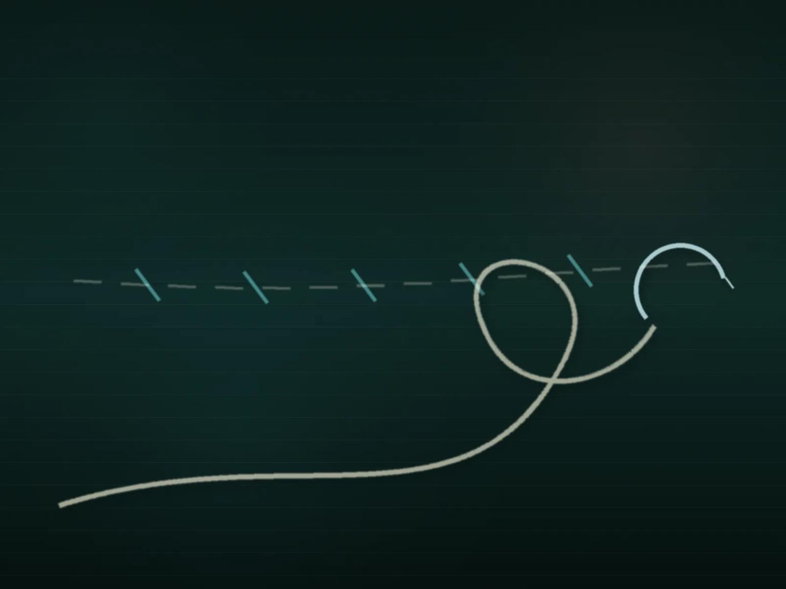 Stylised suturing exercise — stitch line, thread loop and needle