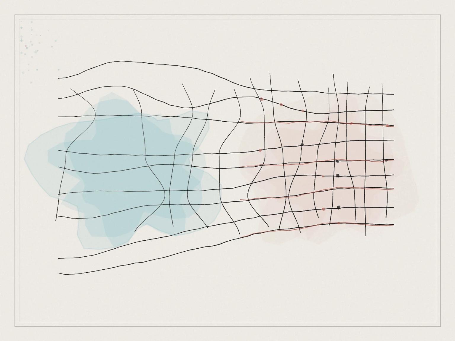 Watercolour lattice weaving from loose to dense, an abstraction of collagen stimulation