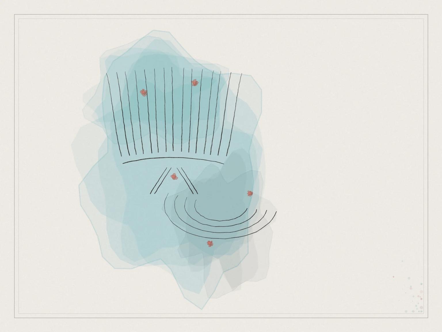 Watercolour study of upper-face muscle architecture with generic dose-placement points